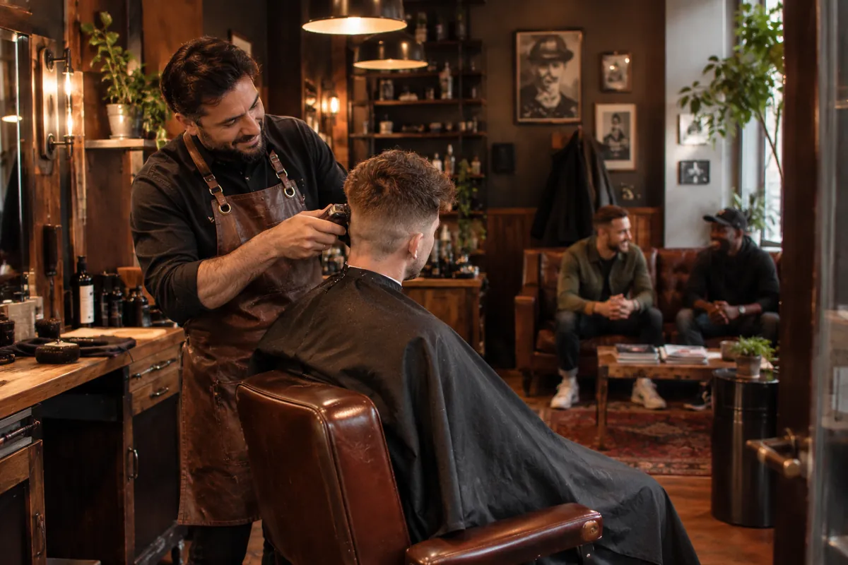 Barber werkt met een tondeuse terwijl twee mannen op de bank wachten
