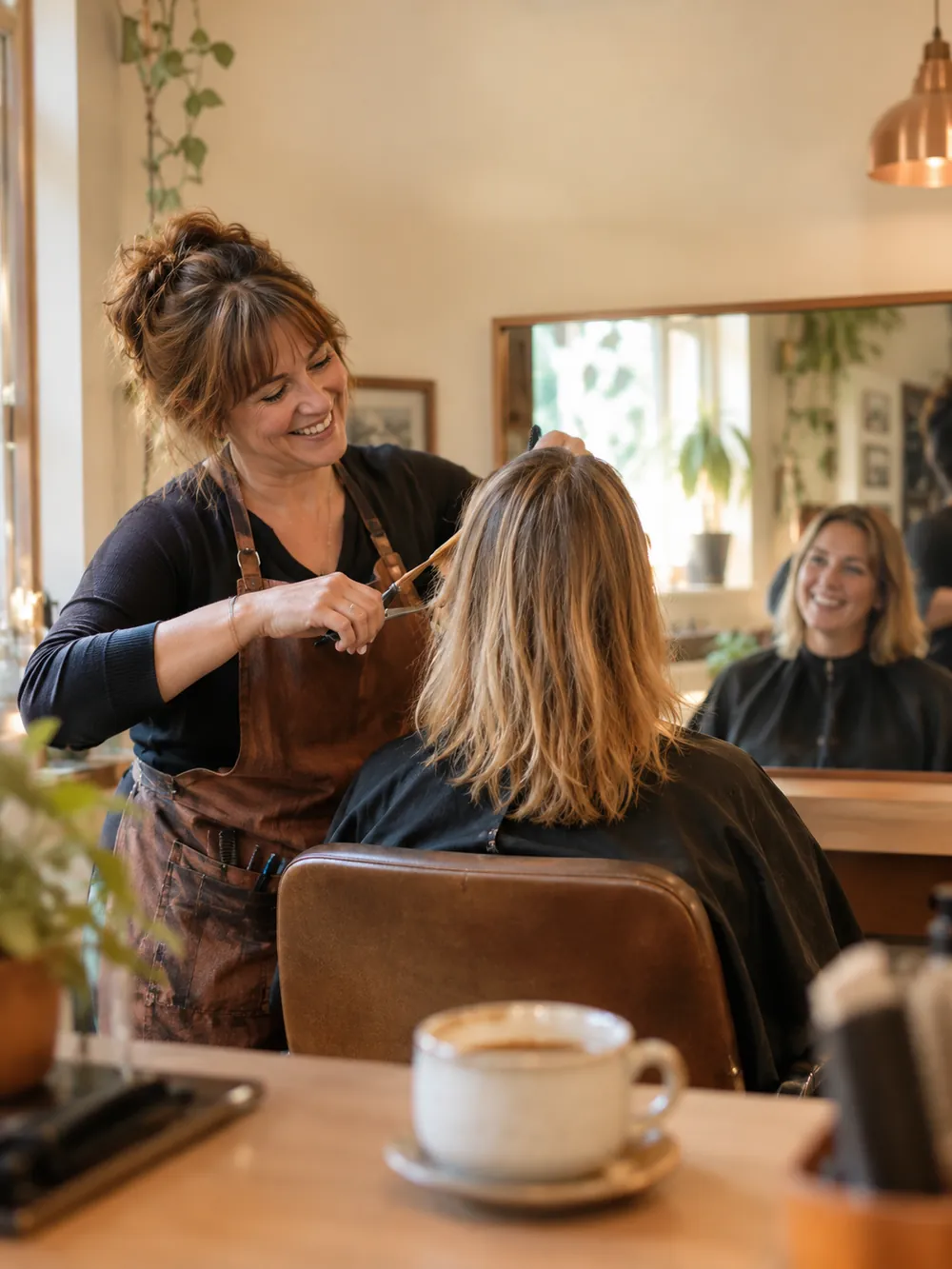 Kapster knipt lachend het haar van een klant in een gezellige salon