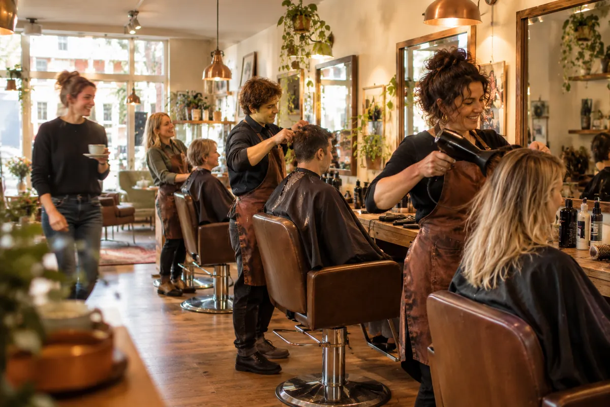 Drukke salon waar meerdere kappers tegelijk aan het werk zijn