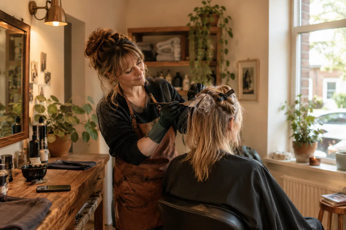 Kapster die alleen werkt brengt haarverf aan bij een klant